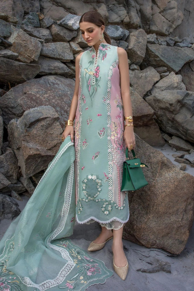 Mint & Baby Pink: Embroidered Lawn Suit With Organza Dupatta | Ready To Wear