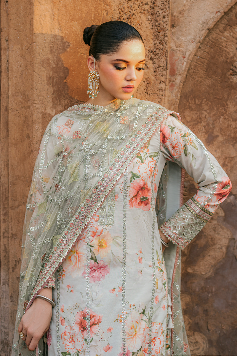 Embroidered Lawn 3-Piece Suit with Net Dupatta | Luxury stitched Suit