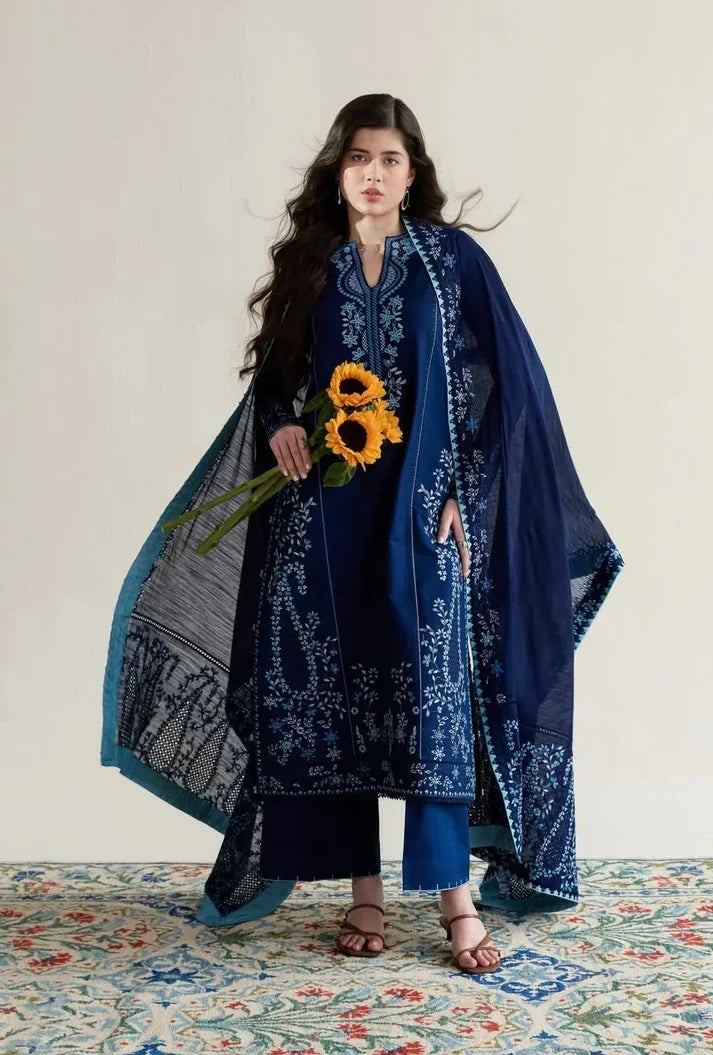 Navy Blue: Egyptian Lawn Suit With Embroidery | Ready To Wear