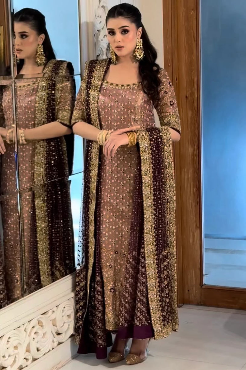 Rose Gold Majesty: Embellished Kurta with Deep Plum Dupatta | Ready To Wear