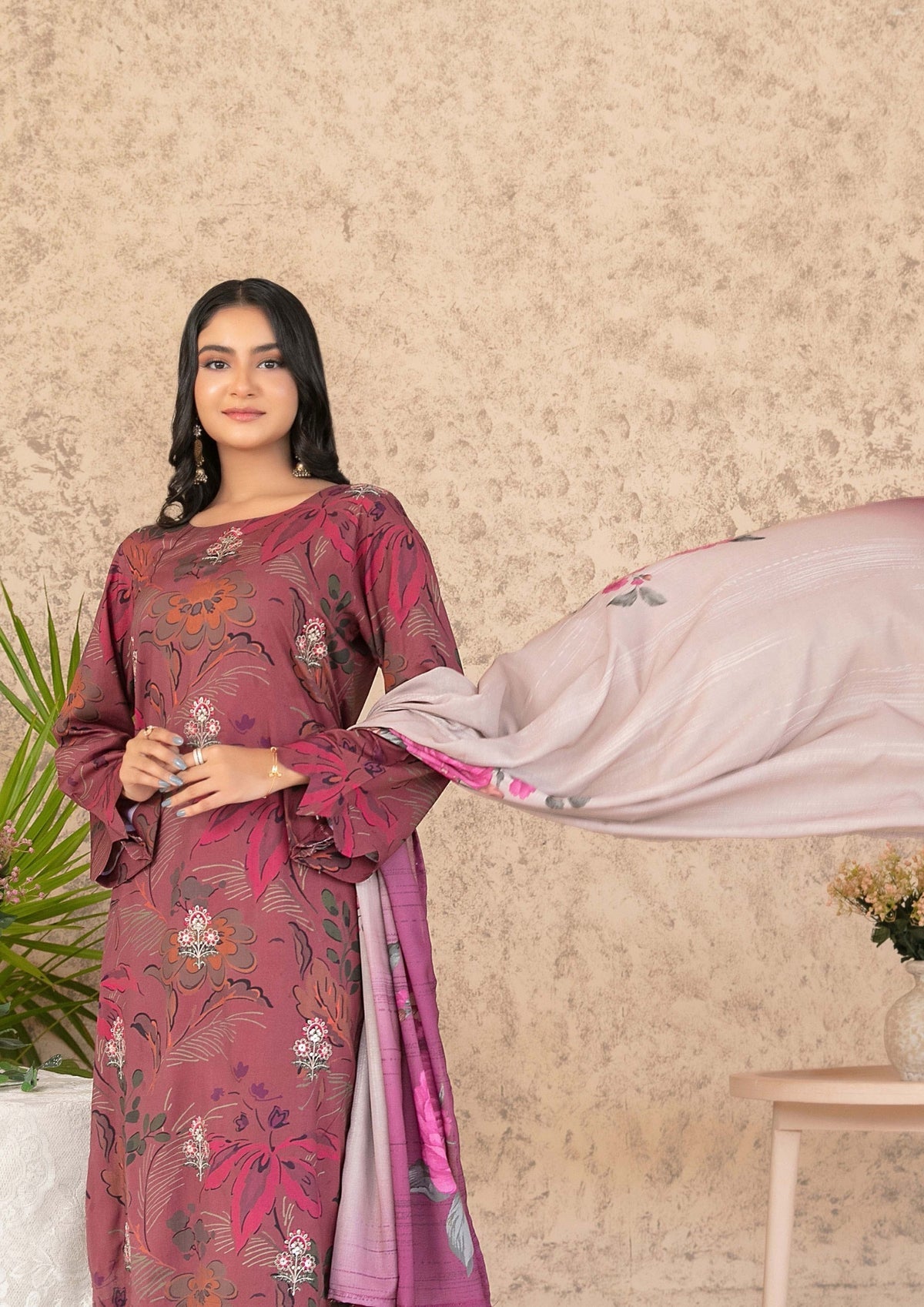 3-Piece stitched Digital Printed Staple Fabric Collection with Exclusive Shawl Dupatta
