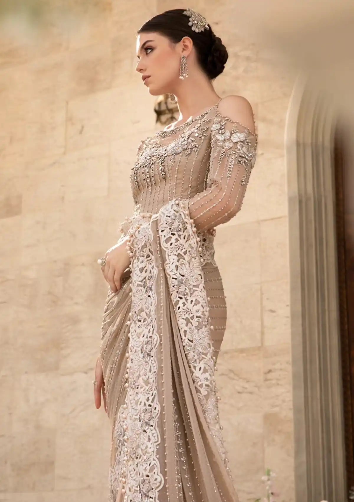 Beige Crystal Elegance - Heavy Embroidery Net Saree | Ready To Wear