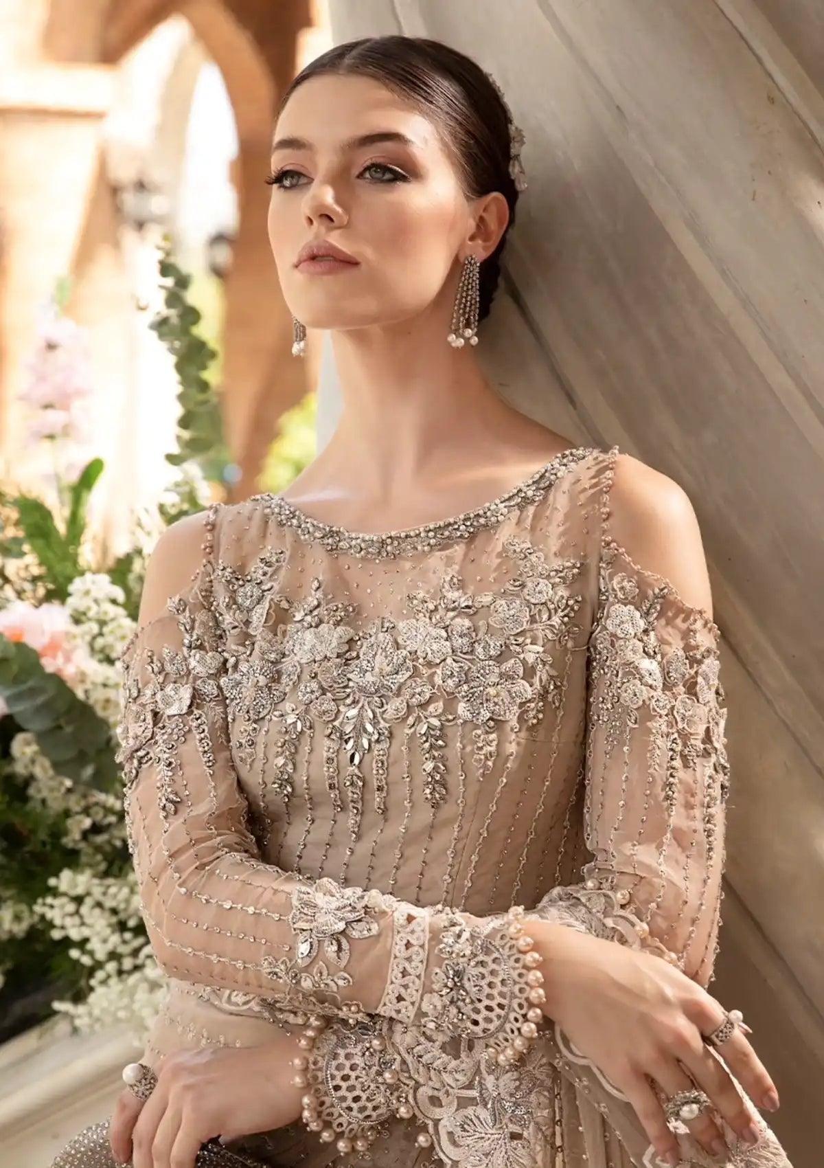 Beige Crystal Elegance - Heavy Embroidery Net Saree | Ready To Wear