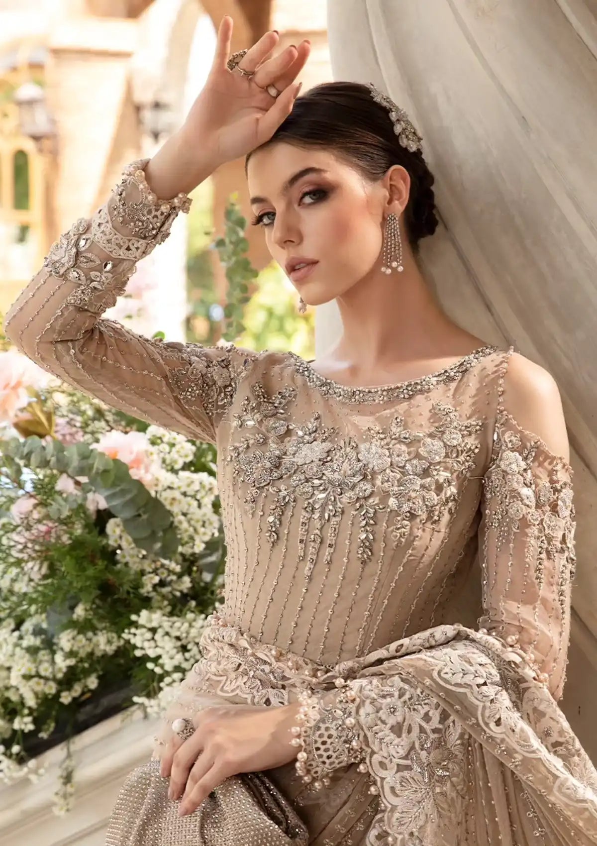 Beige Crystal Elegance - Heavy Embroidery Net Saree | Ready To Wear