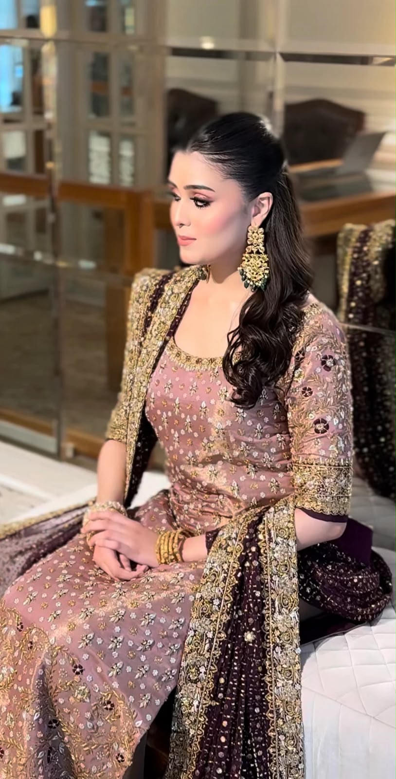 Rose Gold Majesty: Embellished Kurta with Deep Plum Dupatta | Ready To Wear