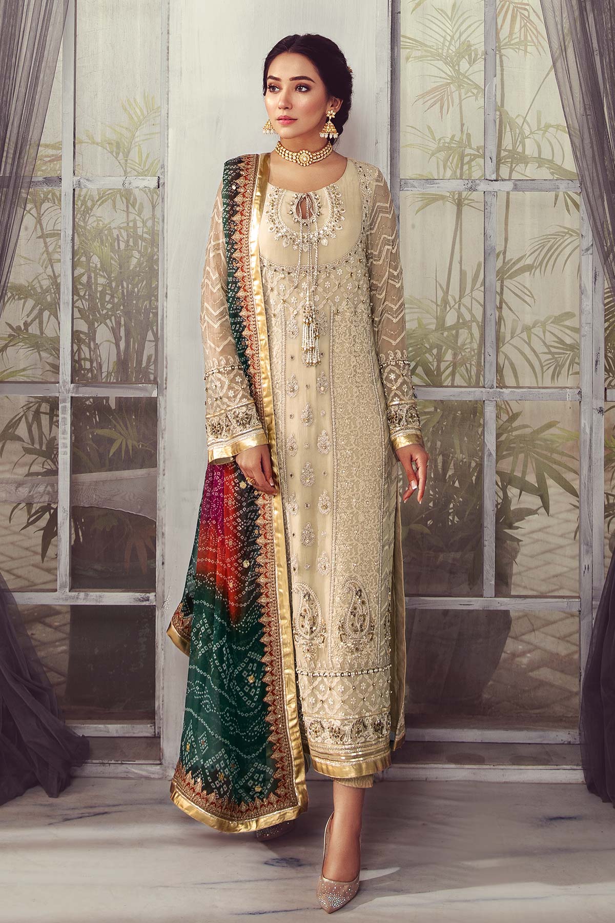 Golden Heritage: Embroidered Chiffon Suit with Chunri Dupatta | Ready To Wear