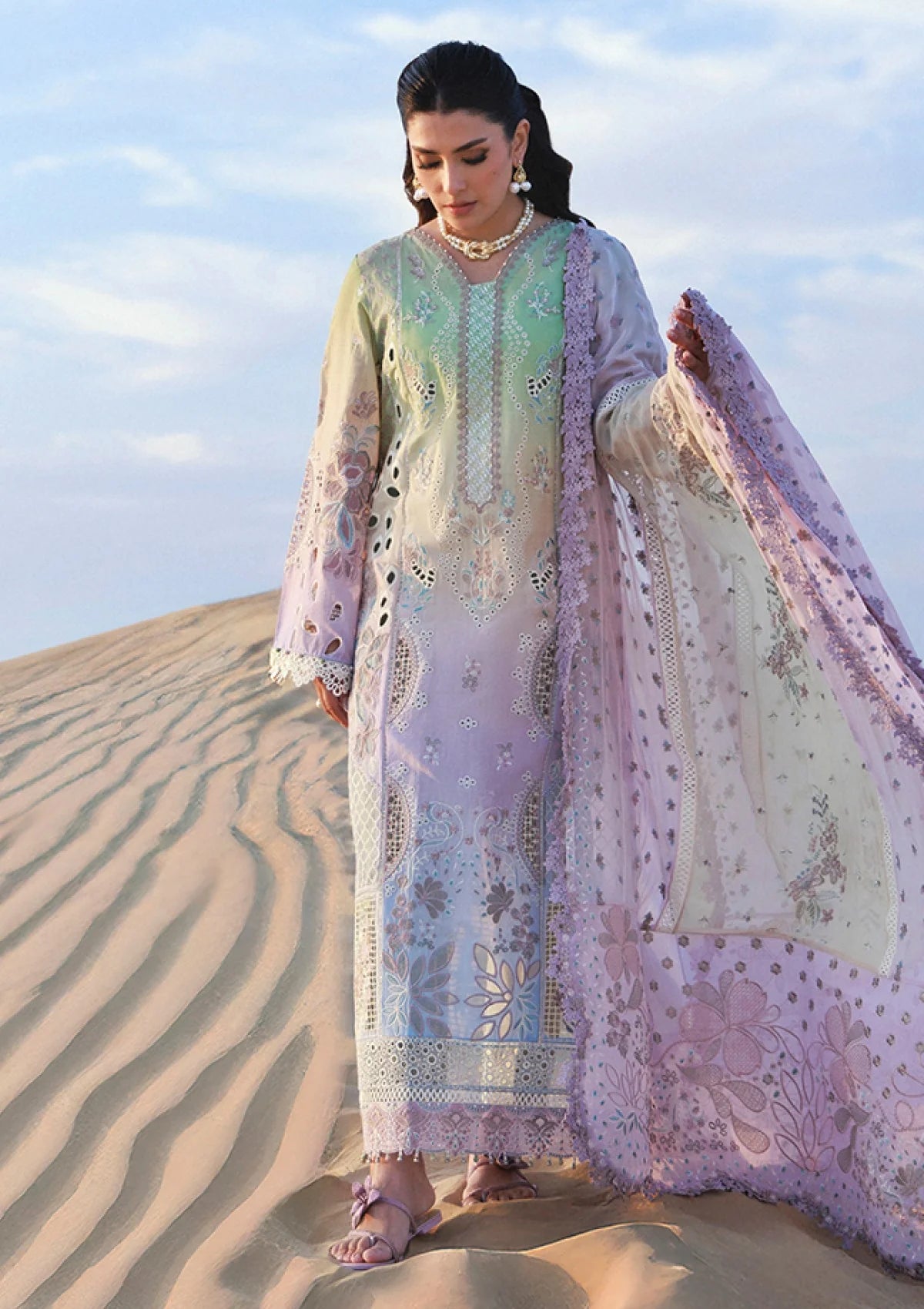 Mint & Lilac Dual-Tone: Embroidered Lawn Suit With Organza Dupatta | Ready To Wear