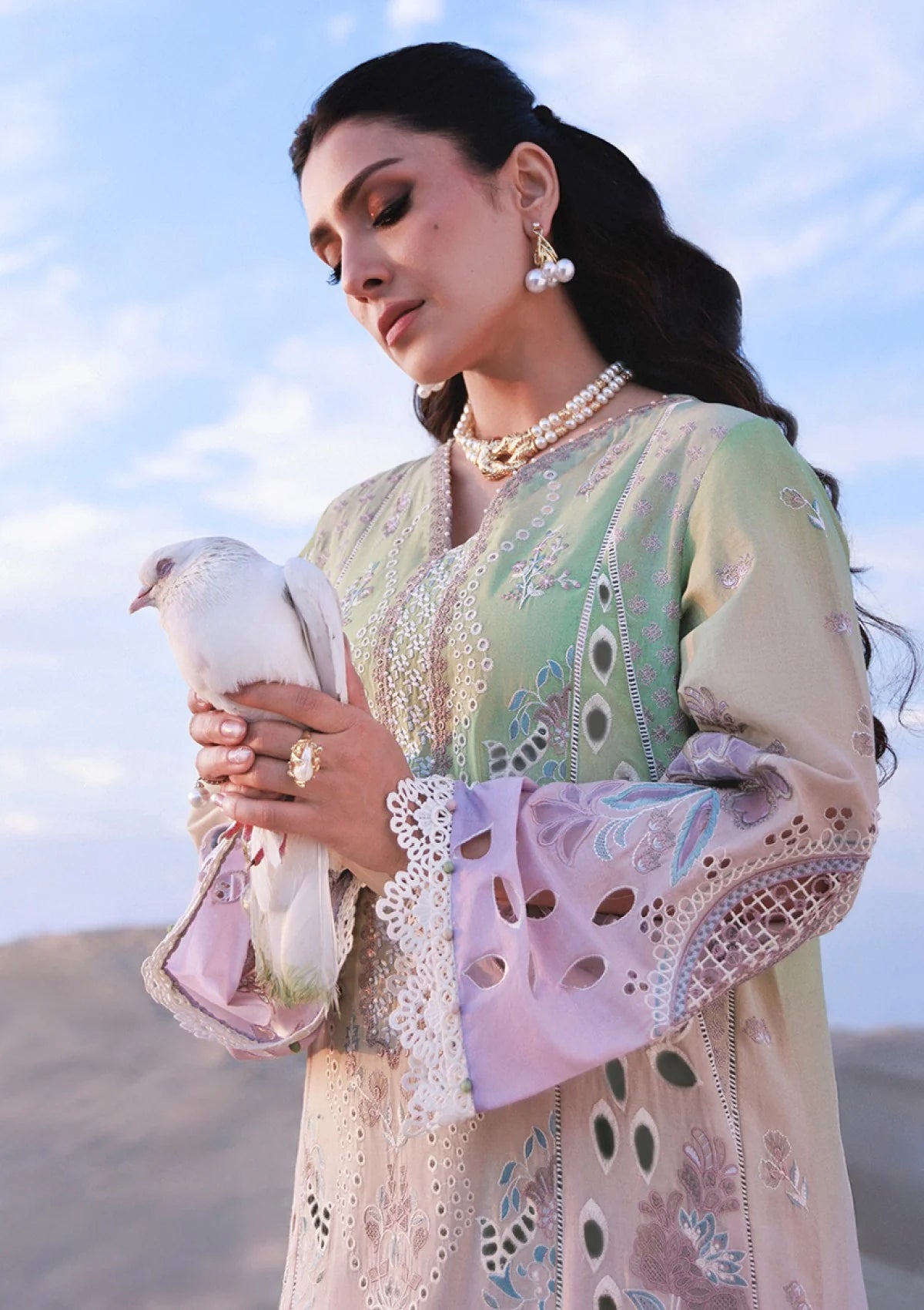 Mint & Lilac Dual-Tone: Embroidered Lawn Suit With Organza Dupatta | Ready To Wear