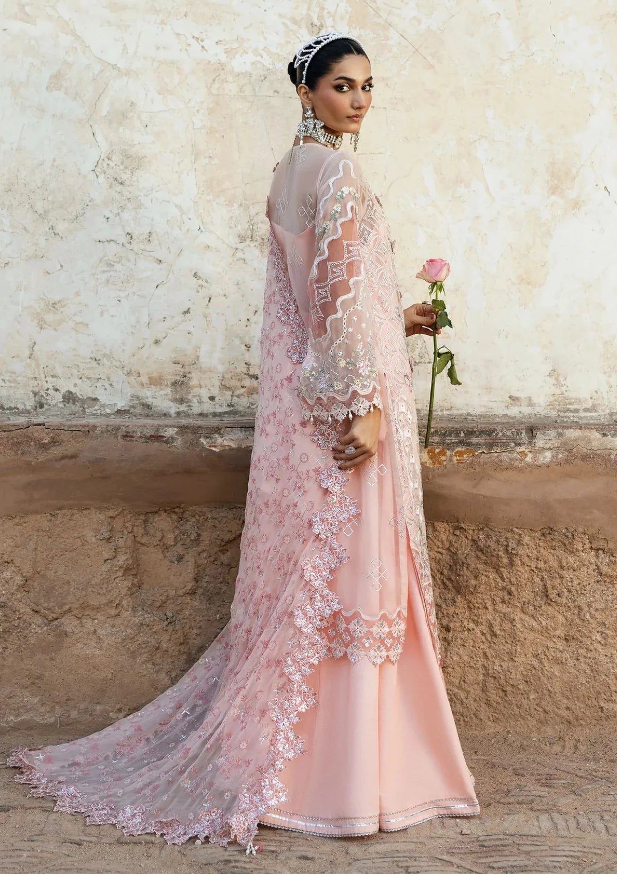 Blush Romance: Embroidered Chiffon Suit With Flared Trouser | Ready To Wear