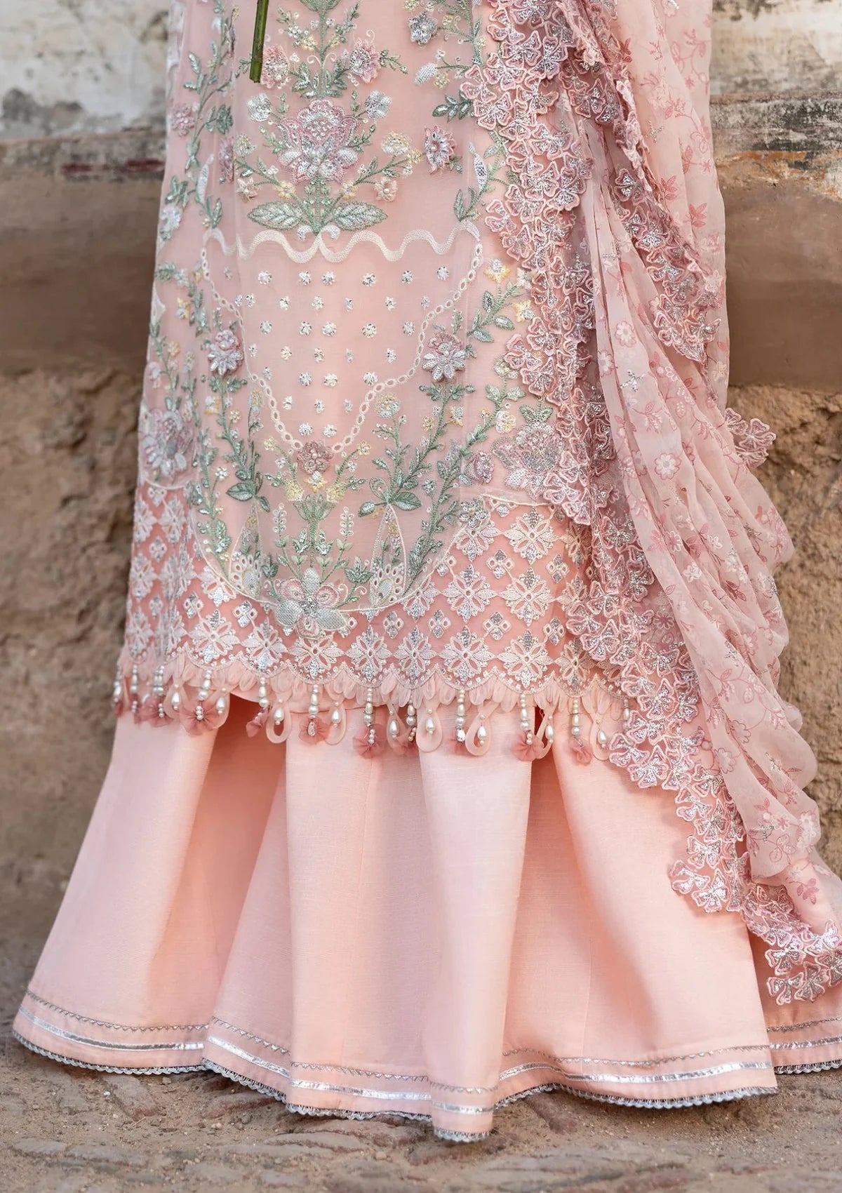 Blush Romance: Embroidered Chiffon Suit With Flared Trouser | Ready To Wear