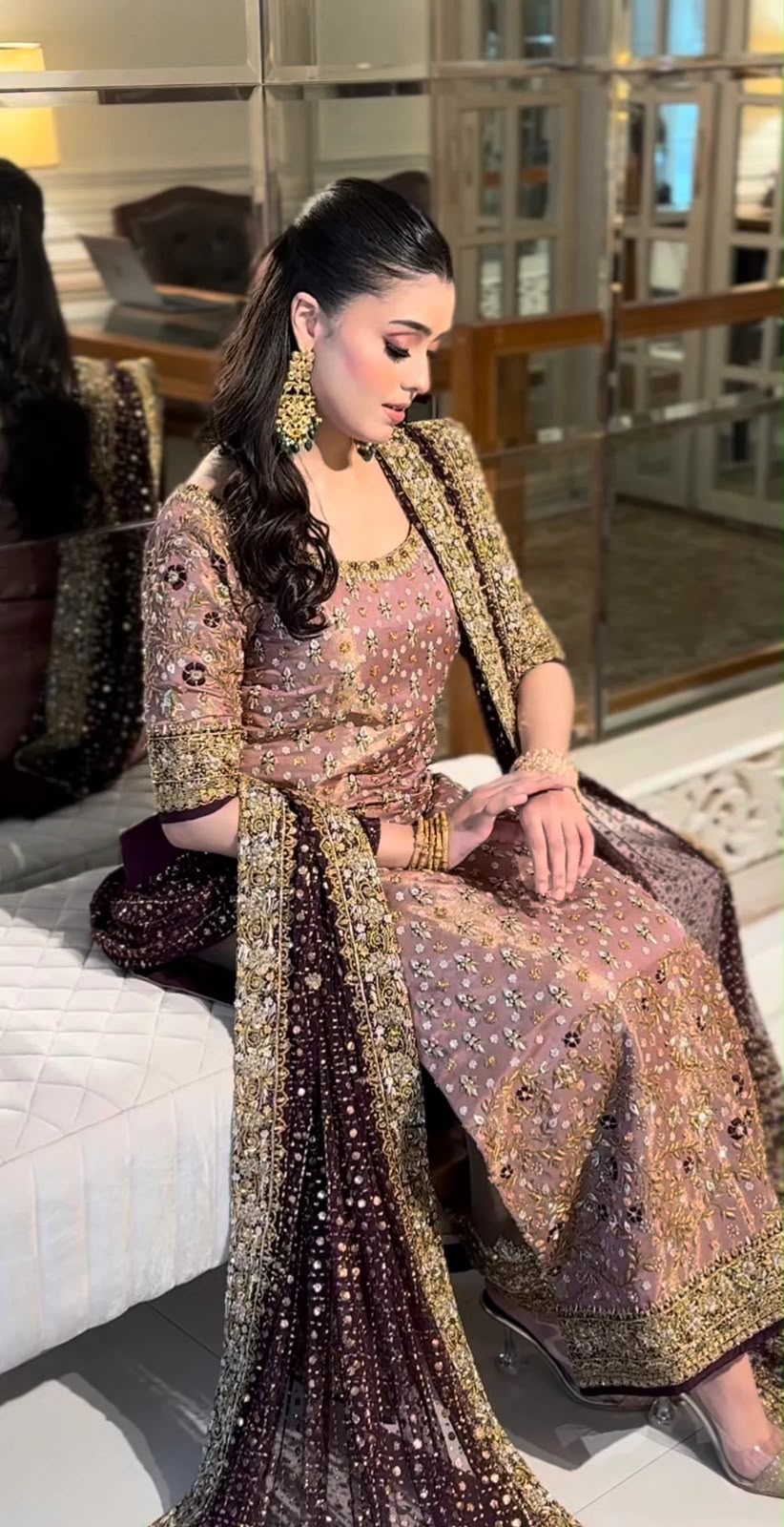 Rose Gold Majesty: Embellished Kurta with Deep Plum Dupatta | Ready To Wear
