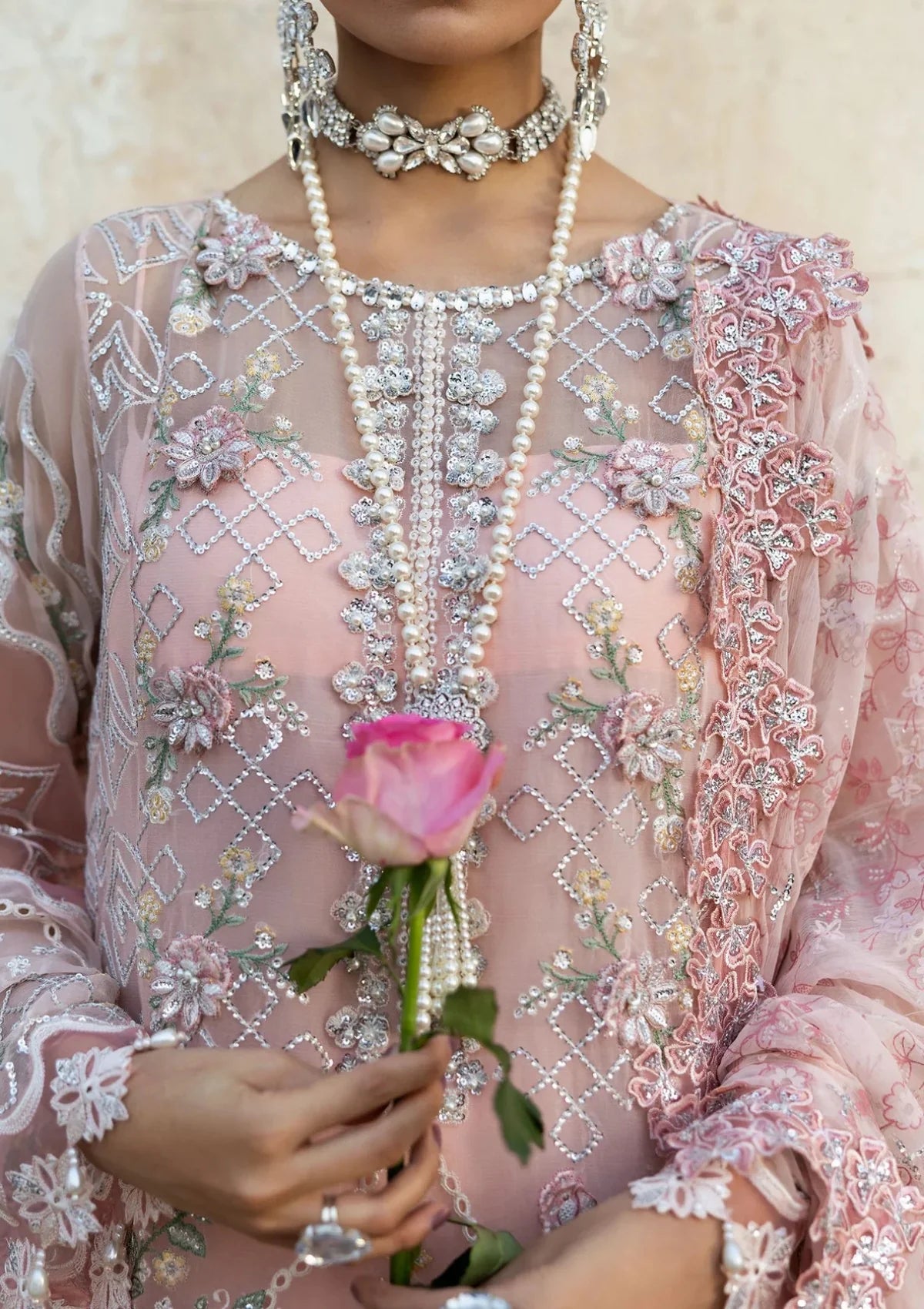 Blush Romance: Embroidered Chiffon Suit With Flared Trouser | Ready To Wear