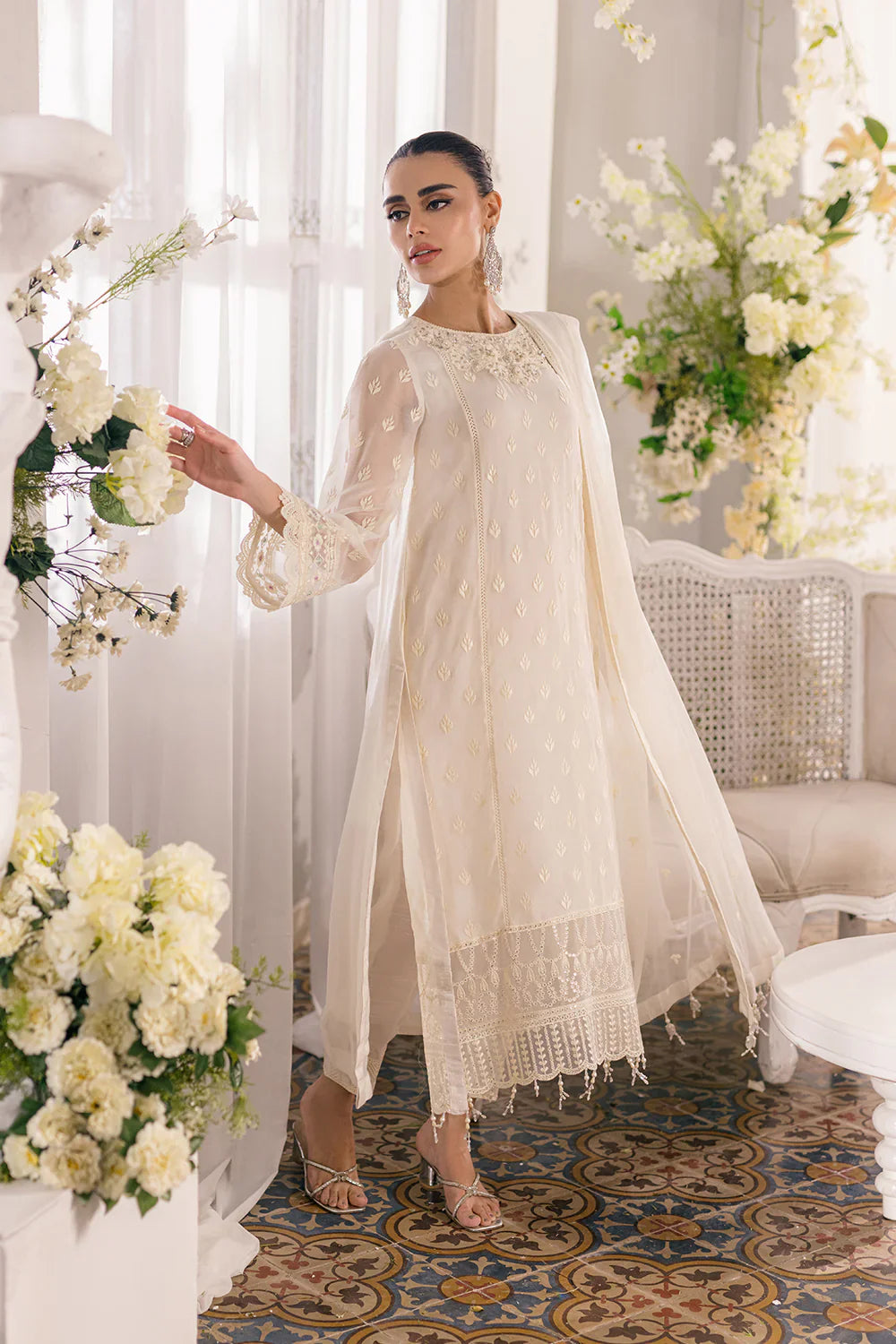 Ivory Elegance: Embroidered Chiffon Formal Set | Ready To Wear