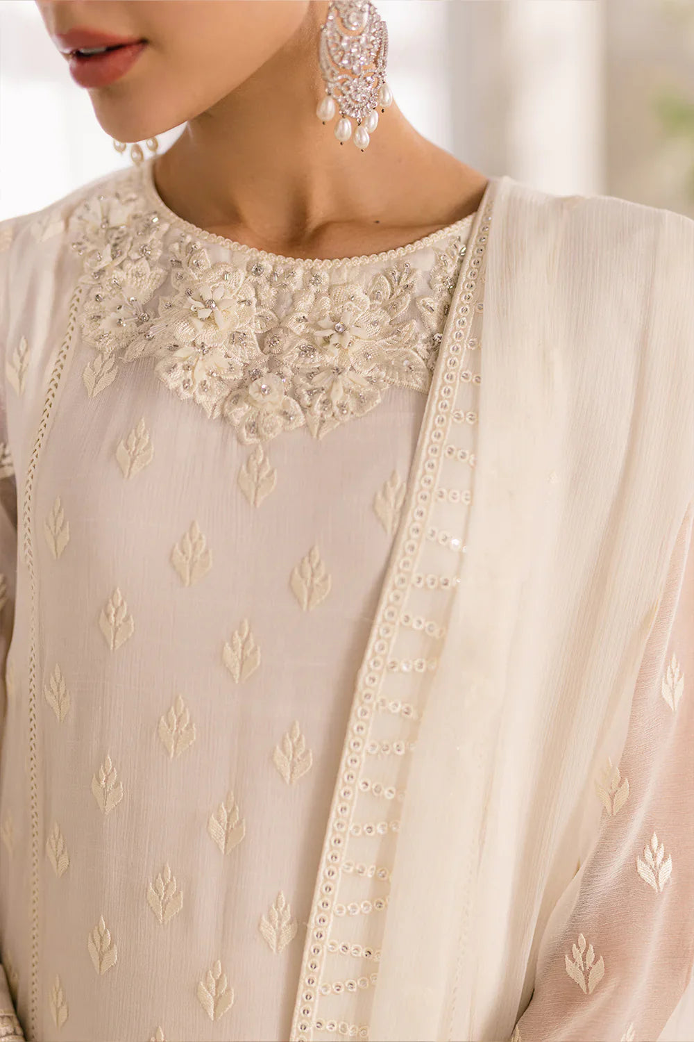 Ivory Elegance: Embroidered Chiffon Formal Set | Ready To Wear