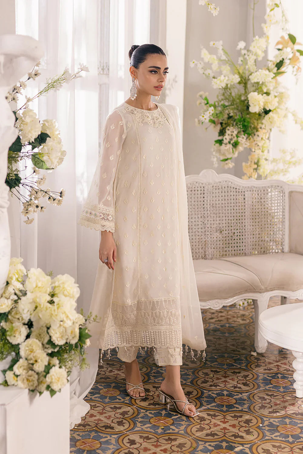 Ivory Elegance: Embroidered Chiffon Formal Set | Ready To Wear