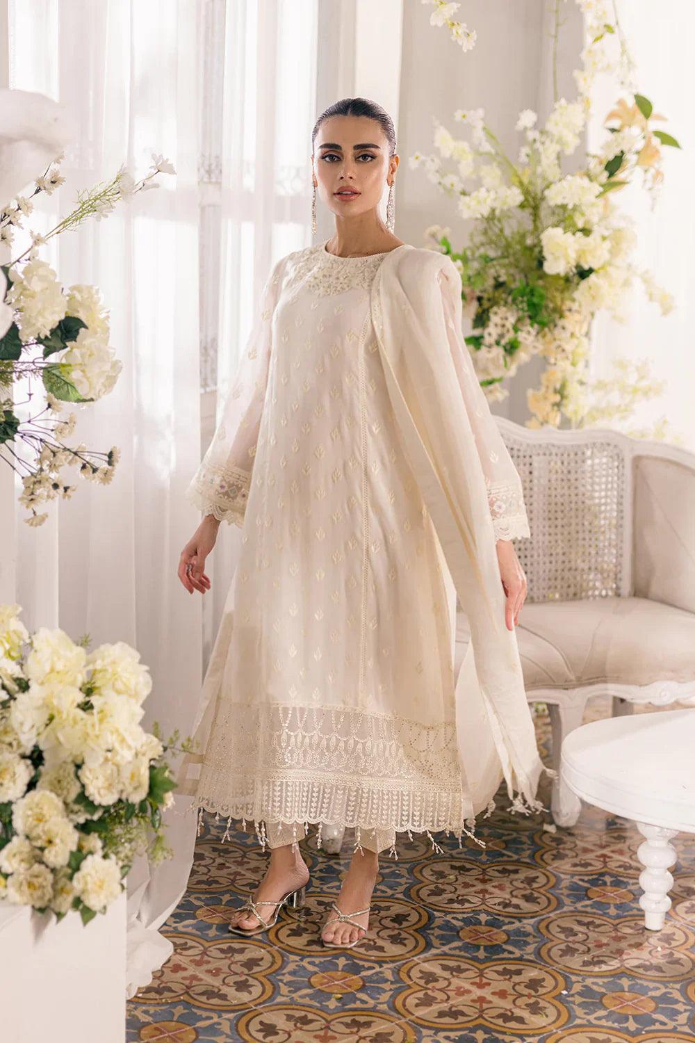 Ivory Elegance: Embroidered Chiffon Formal Set | Ready To Wear