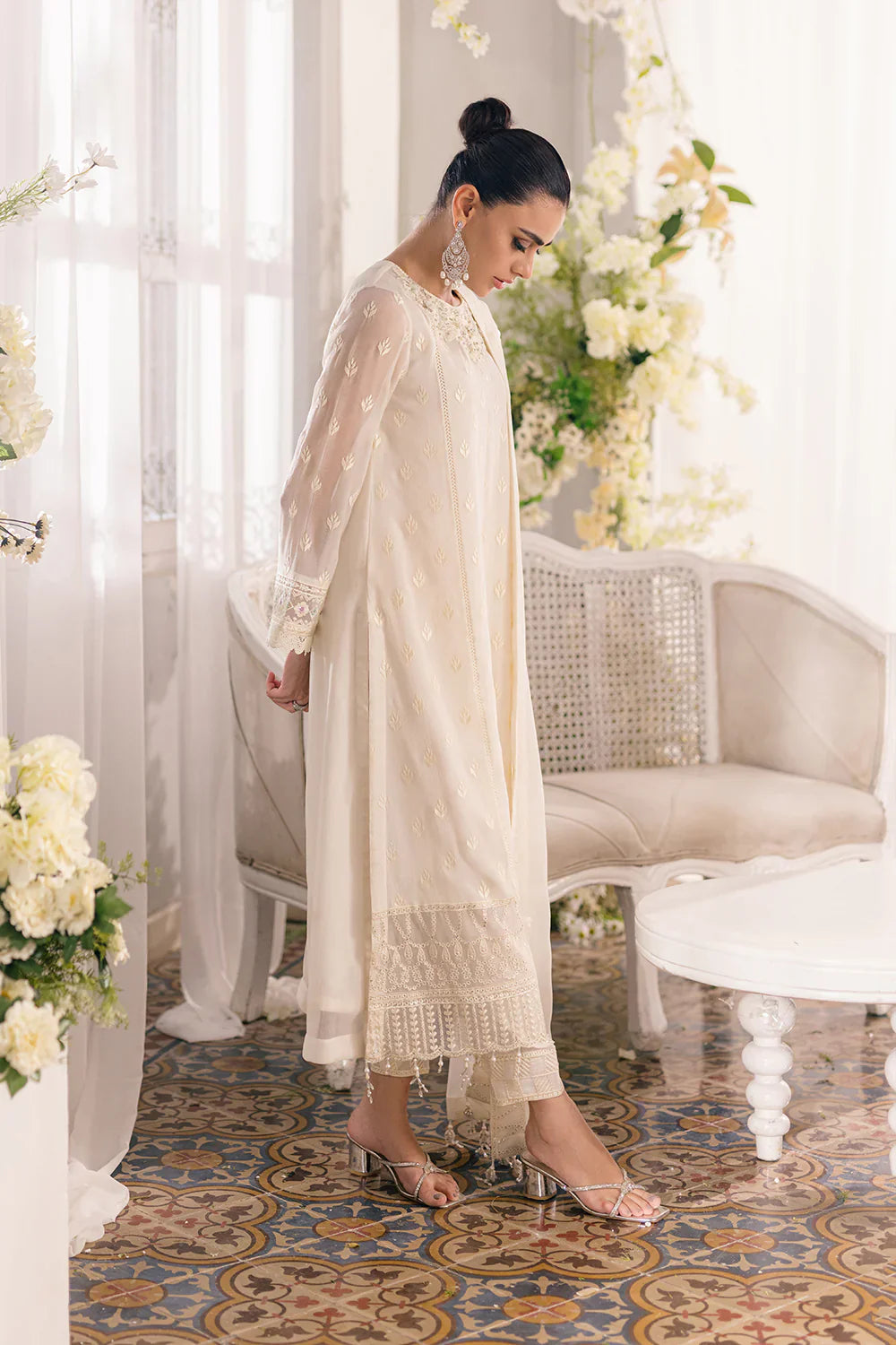 Ivory Elegance: Embroidered Chiffon Formal Set | Ready To Wear