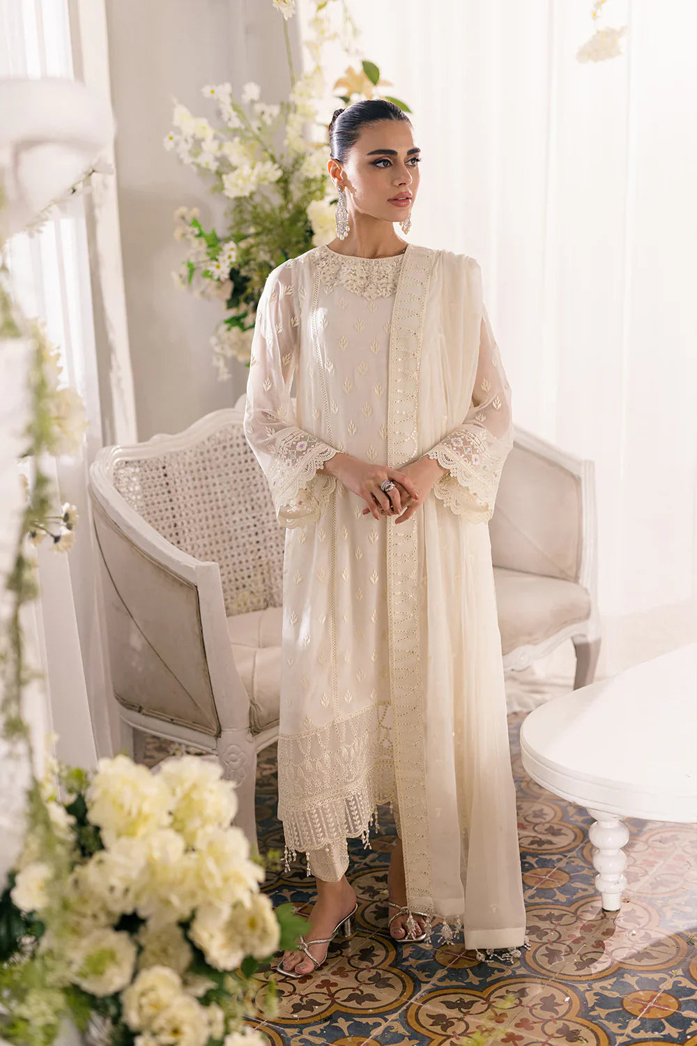 Ivory Elegance: Embroidered Chiffon Formal Set | Ready To Wear