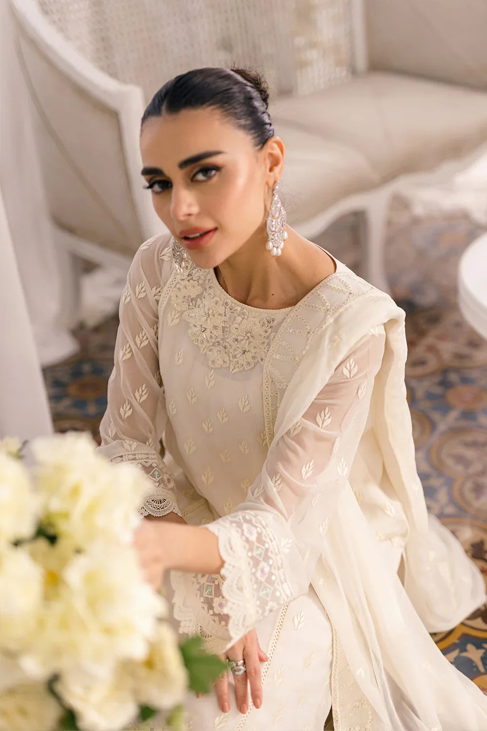 Ivory Elegance: Embroidered Chiffon Formal Set | Ready To Wear