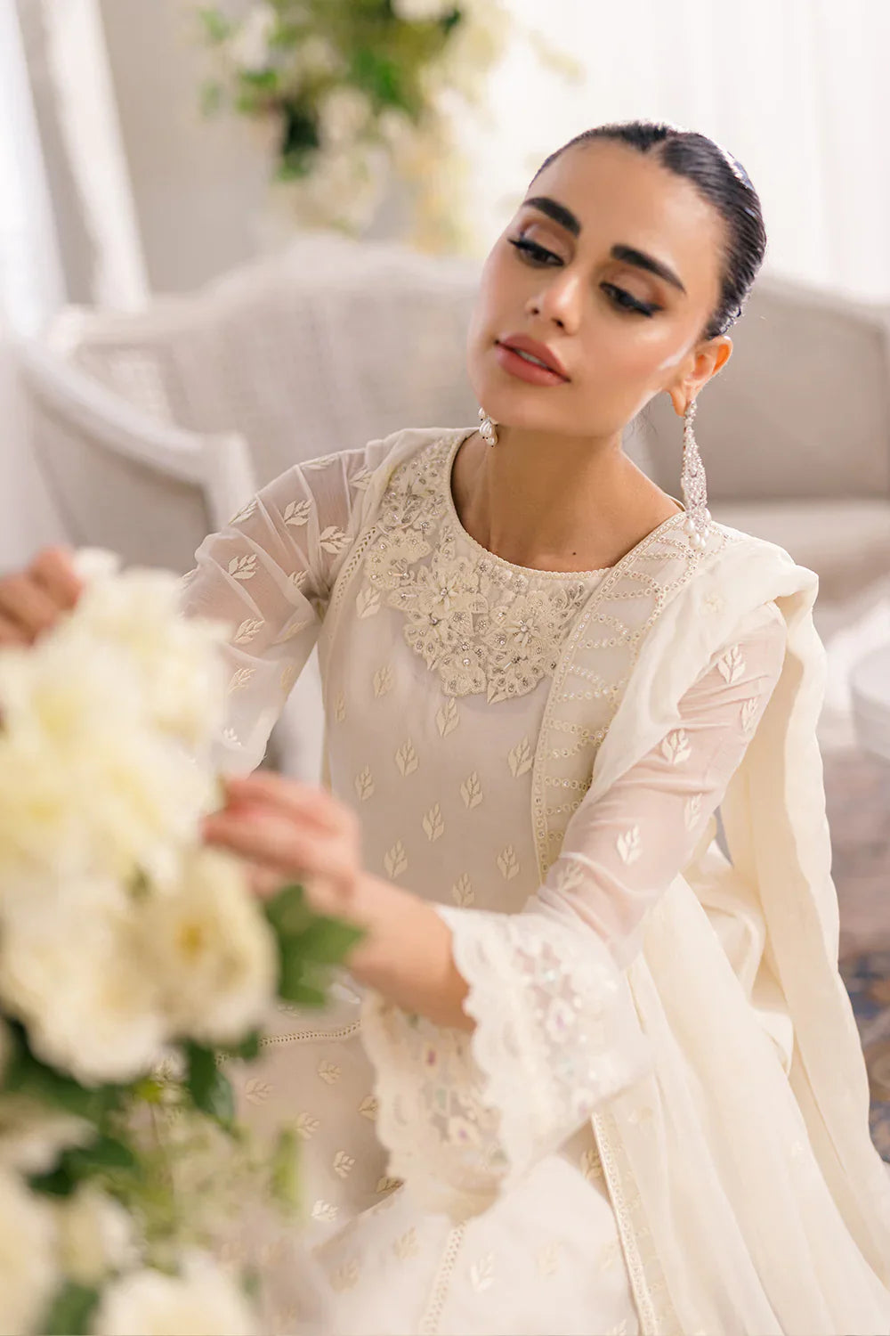 Ivory Elegance: Embroidered Chiffon Formal Set | Ready To Wear