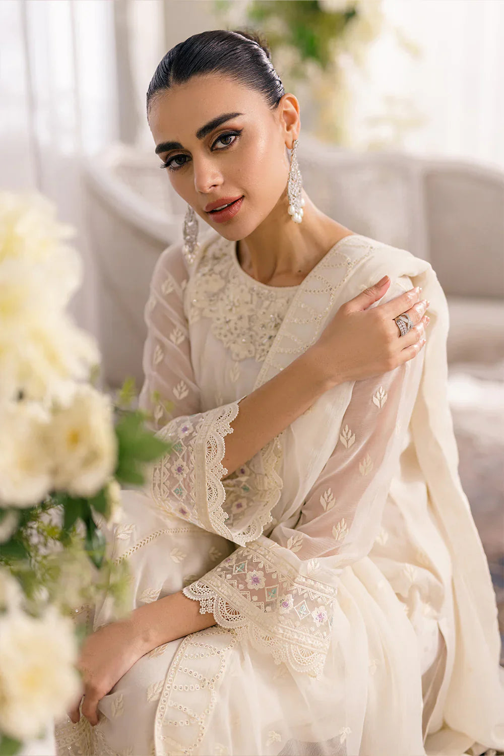 Ivory Elegance: Embroidered Chiffon Formal Set | Ready To Wear