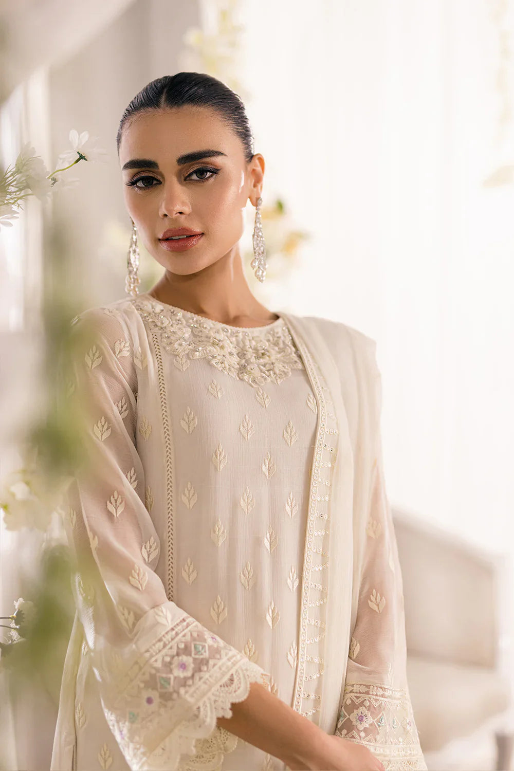 Ivory Elegance: Embroidered Chiffon Formal Set | Ready To Wear