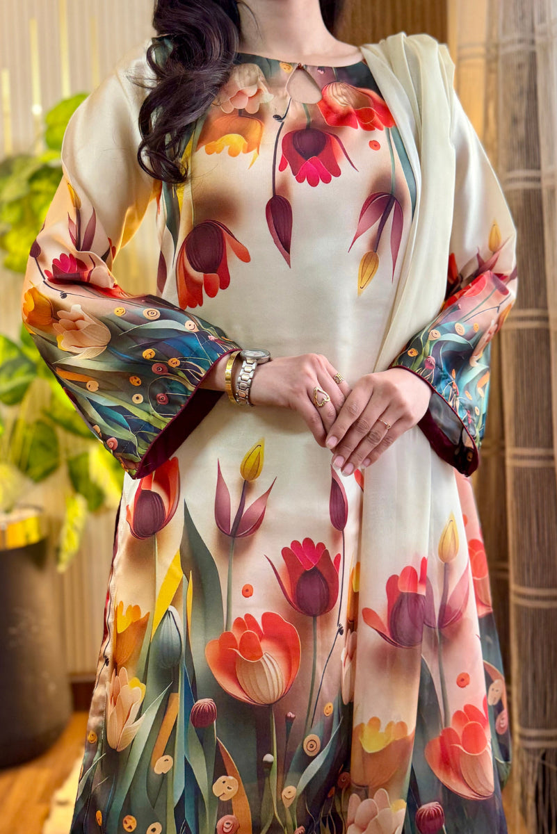 3-Piece Digital Printed Silk Suit – 3D Flowers | Ready to Wear