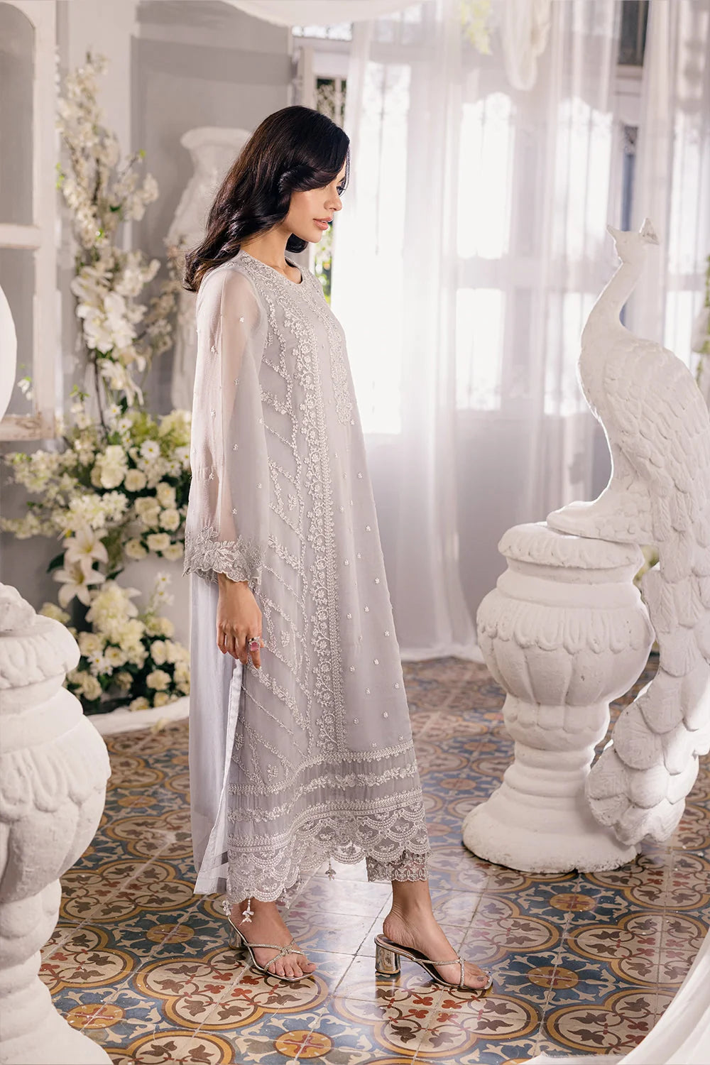 Celestial Grey: Embroidered Chiffon Suit | Ready To Wear
