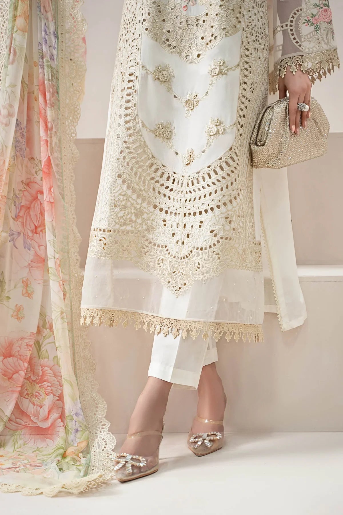 The Pastel Blossom: Schiffli & Floral Embroidered Cotton Suit | Ready To Wear