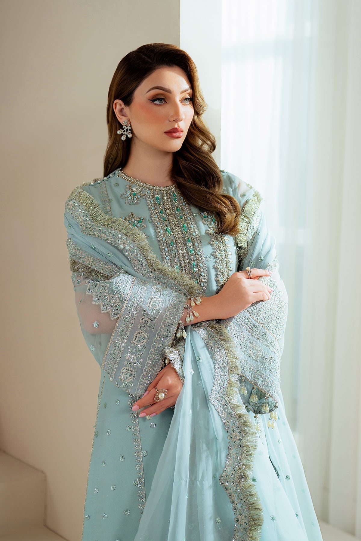 3-Piece Ciffon Heavy Embroidered Dress With Silk Trouser