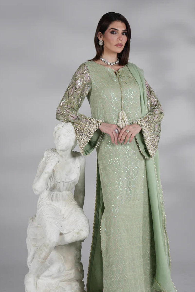 The Mint Aura: Embellished Pastel Green Kurta Set | Ready To Wear