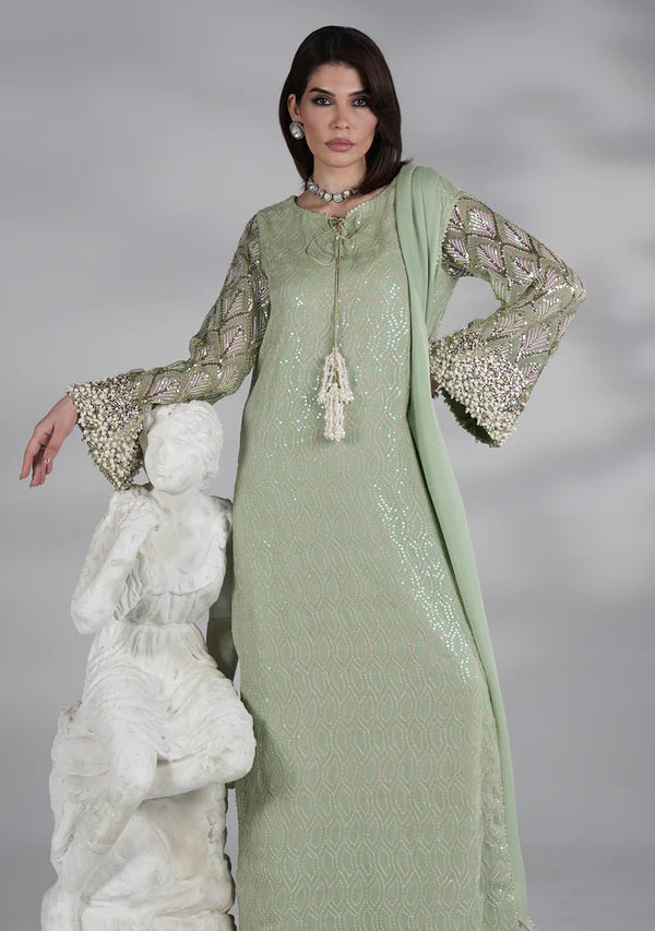 The Mint Aura: Embellished Pastel Green Kurta Set | Ready To Wear