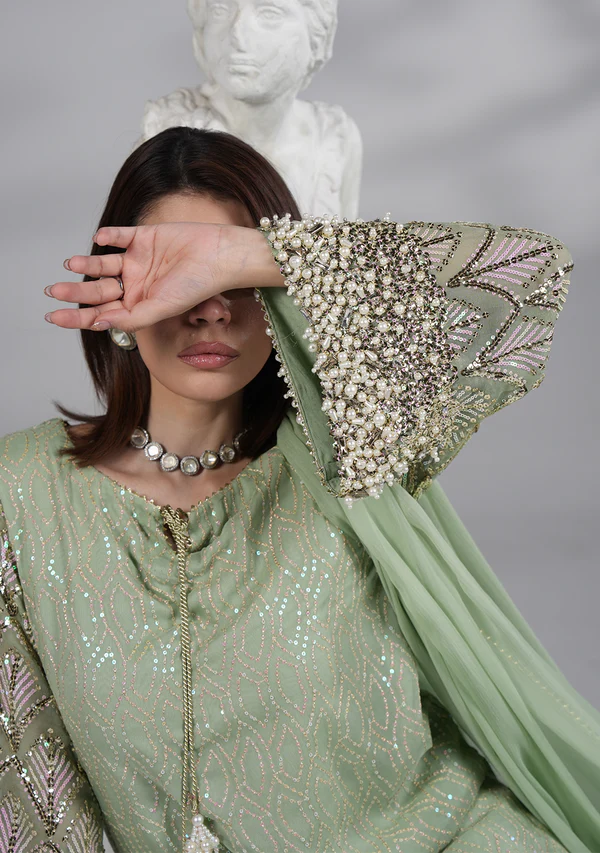 The Mint Aura: Embellished Pastel Green Kurta Set | Ready To Wear