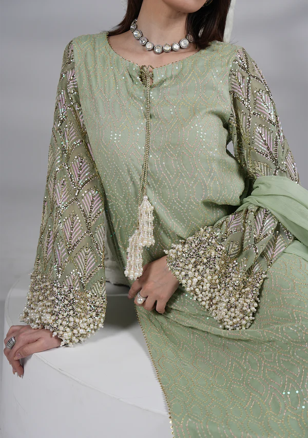 The Mint Aura: Embellished Pastel Green Kurta Set | Ready To Wear