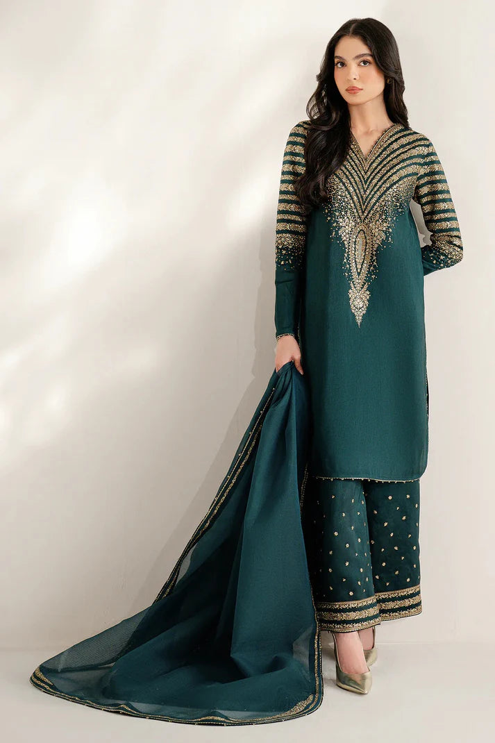 Emerald Majesty: Gold Zari Embroidered Kurta Set | Ready To Wear