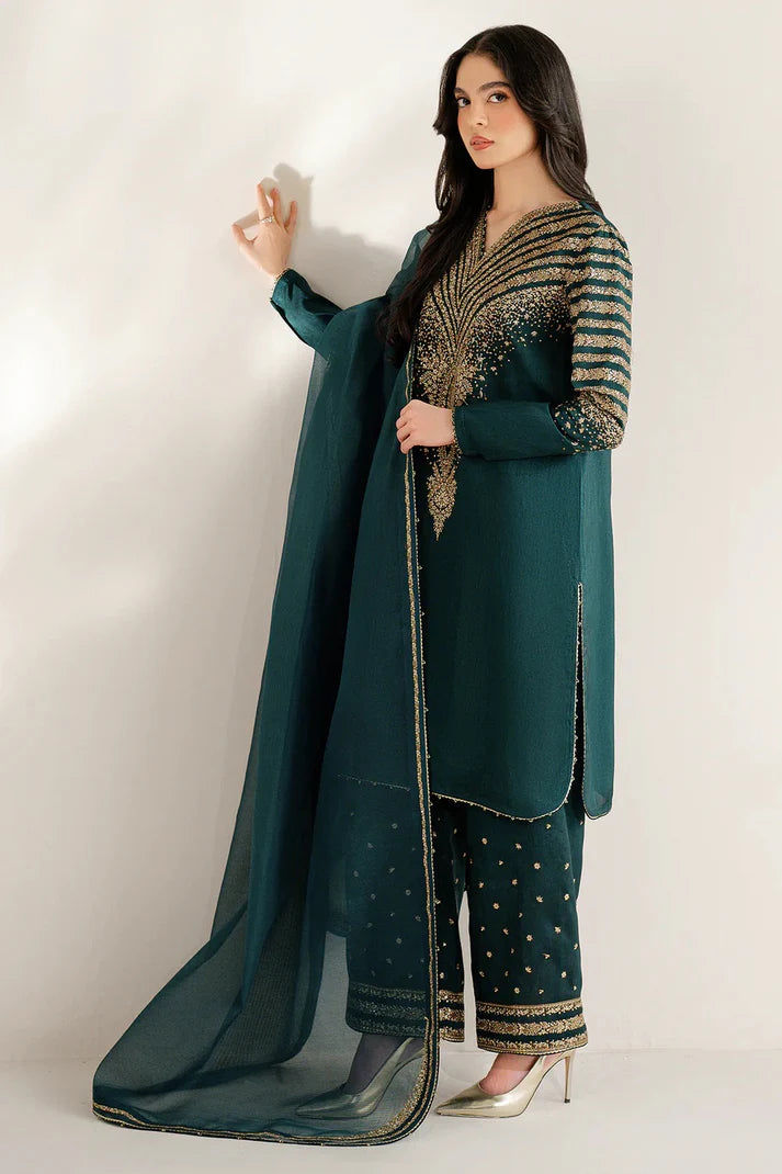 Emerald Majesty: Gold Zari Embroidered Kurta Set | Ready To Wear