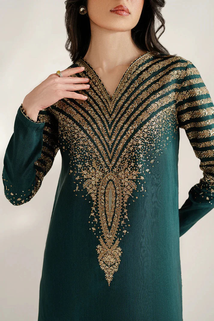 Emerald Majesty: Gold Zari Embroidered Kurta Set | Ready To Wear