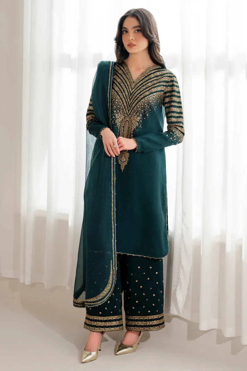 Emerald Majesty: Gold Zari Embroidered Kurta Set | Ready To Wear