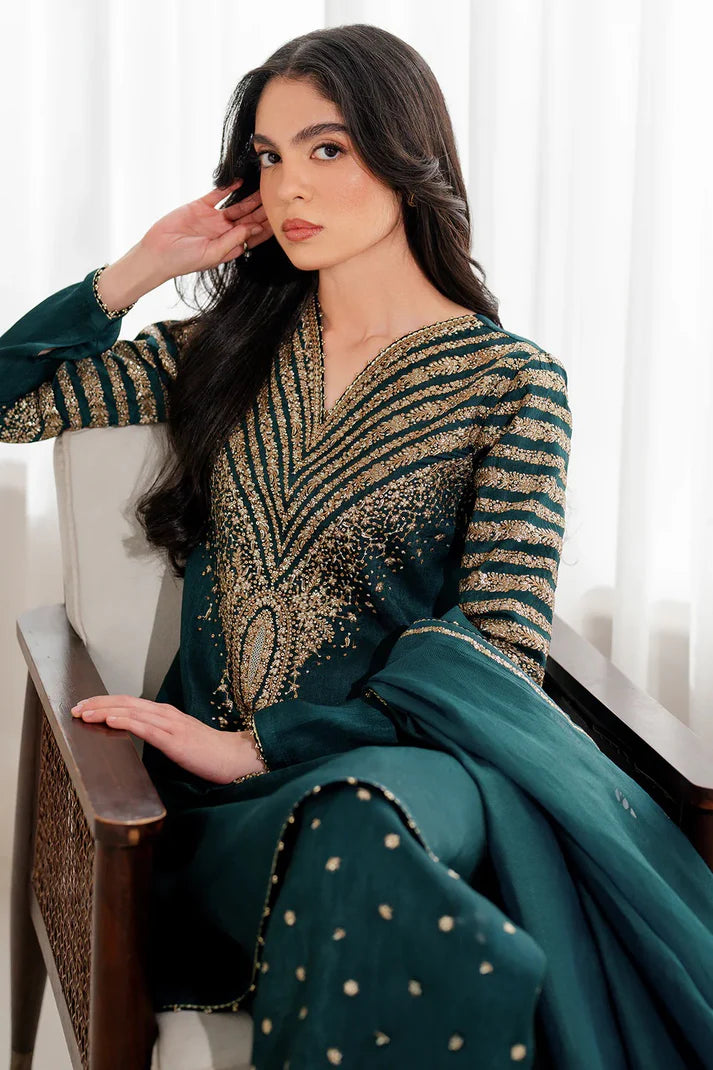 Emerald Majesty: Gold Zari Embroidered Kurta Set | Ready To Wear