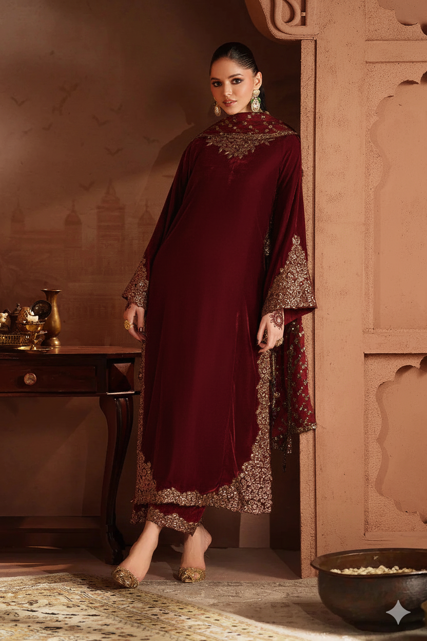 3 Piece Stitched  Velvet  suit - Ready  to  Wear