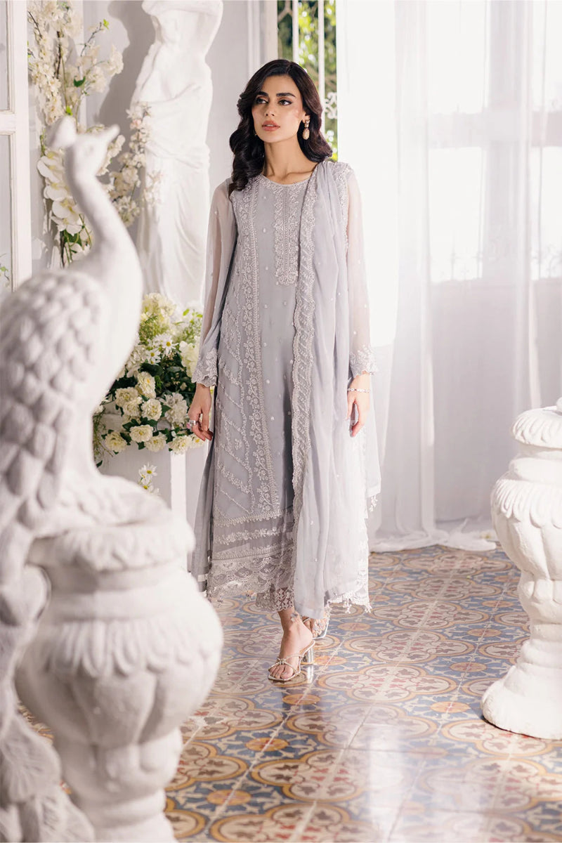 Celestial Grey: Embroidered Chiffon Suit | Ready To Wear