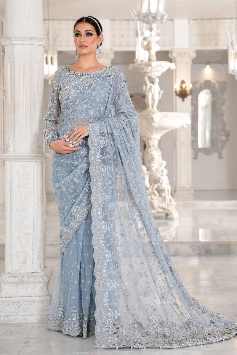 Sky Blue - Heavy Embroidery Net Saree | Ready To Wear