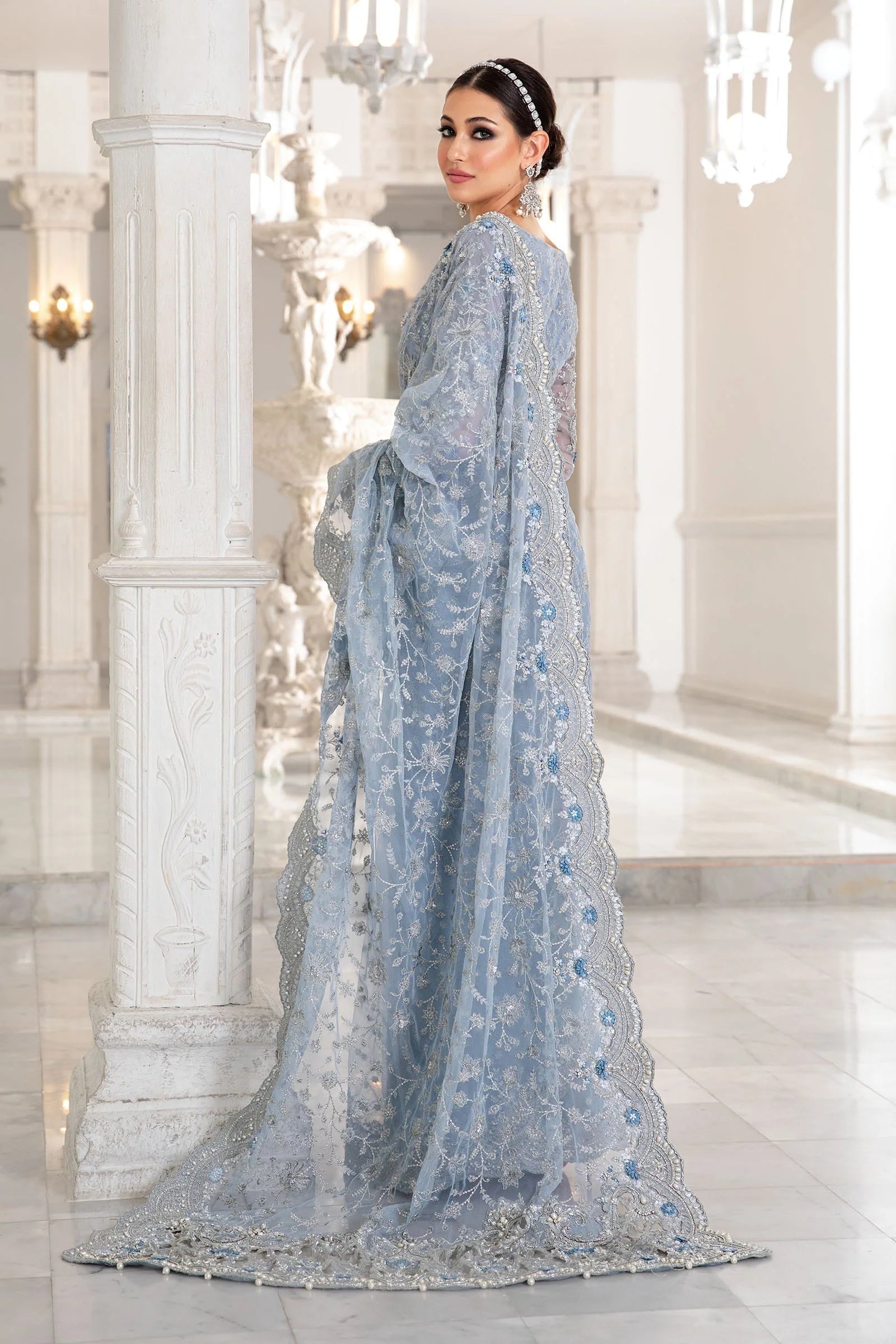 Sky Blue - Heavy Embroidery Net Saree | Ready To Wear