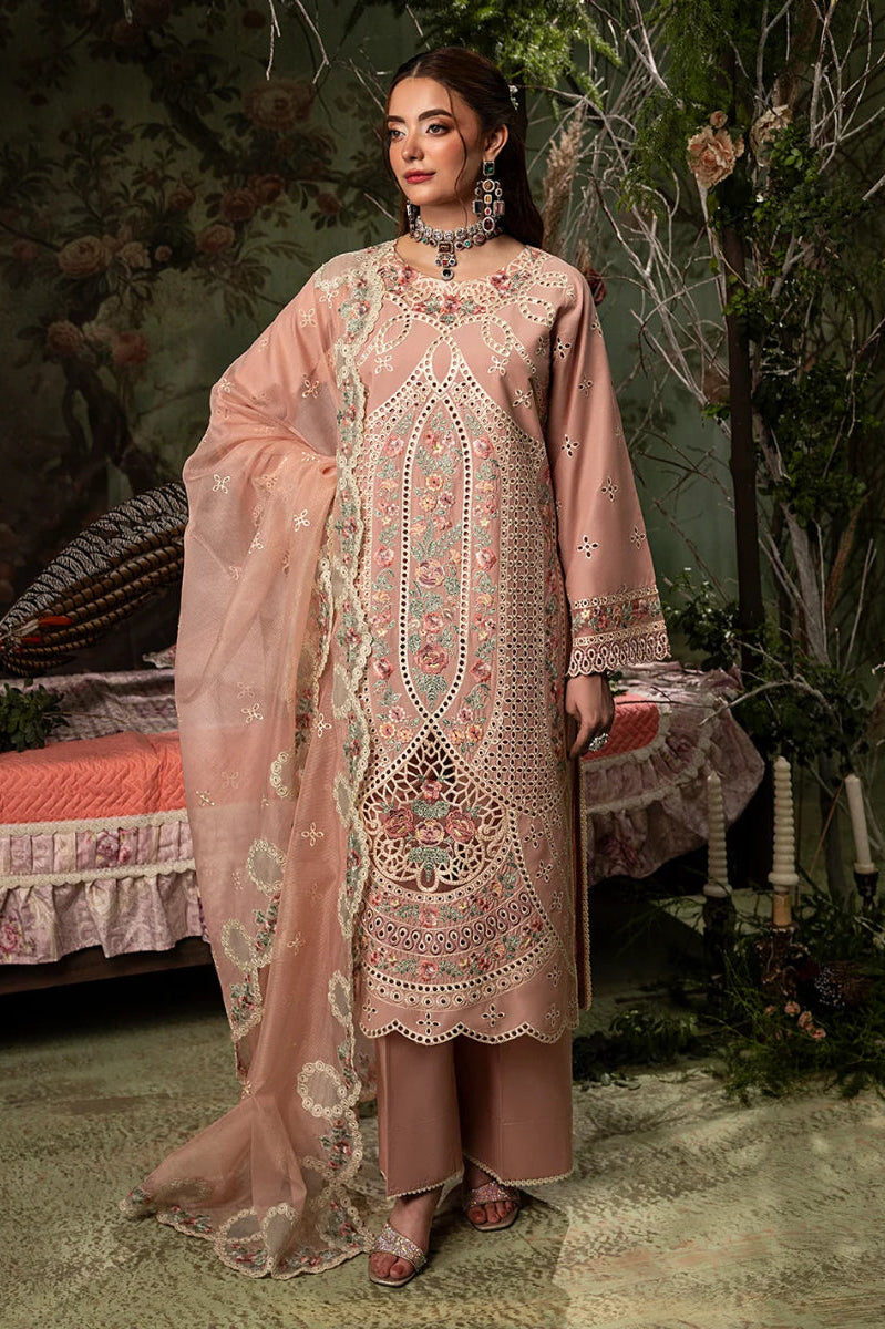 Dusty Peach: Embroidered Lawn Suit With Net Dupatta | Ready To Wear