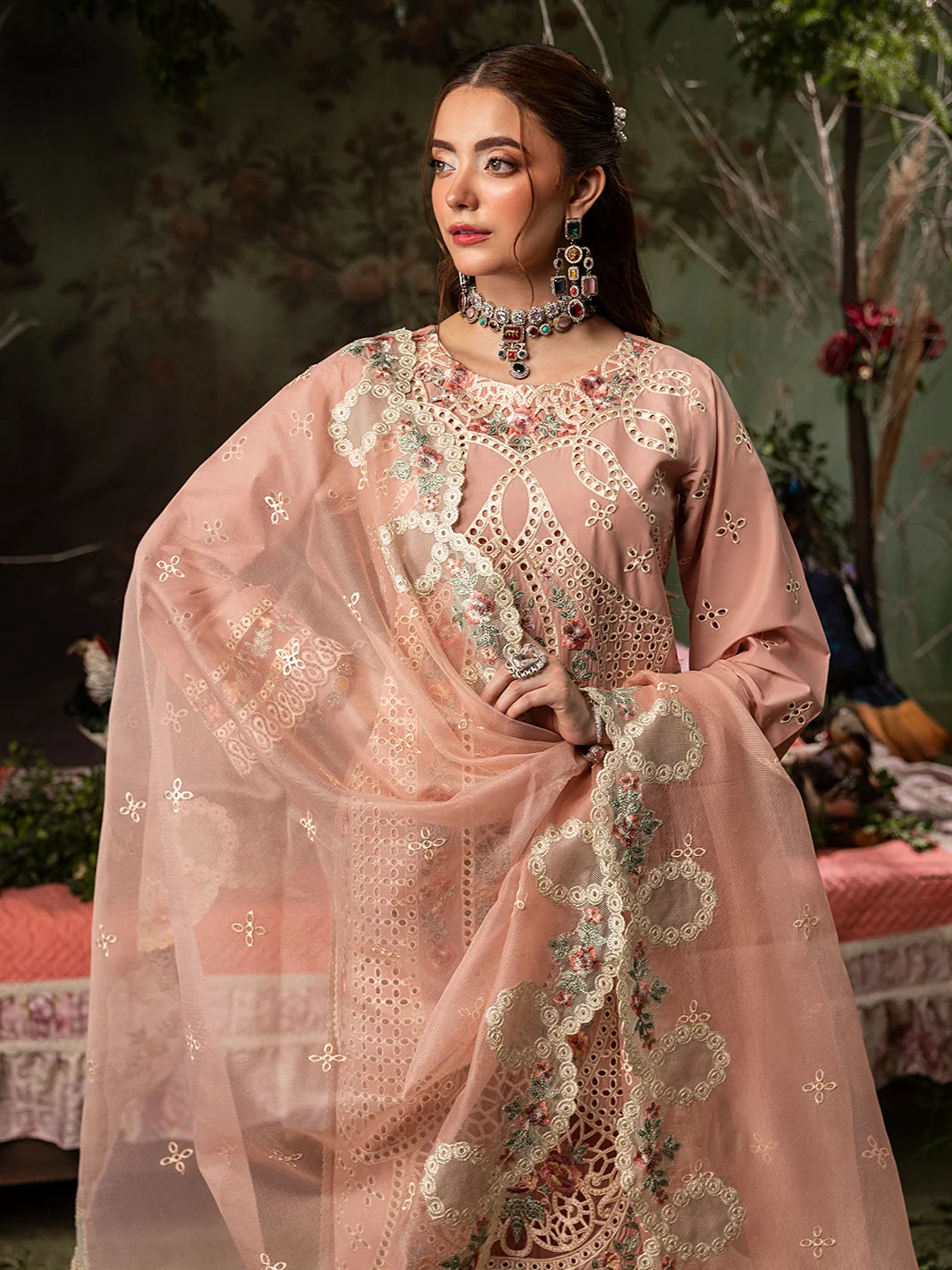 Dusty Peach: Embroidered Lawn Suit With Net Dupatta | Ready To Wear