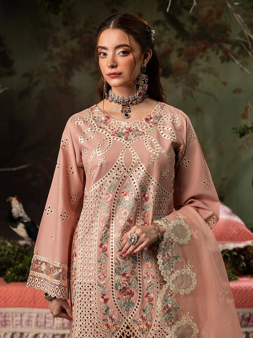 Dusty Peach: Embroidered Lawn Suit With Net Dupatta | Ready To Wear