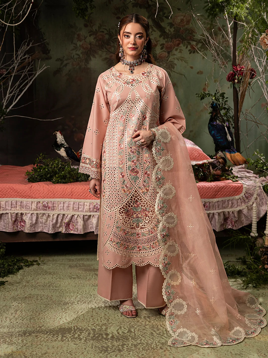 Dusty Peach: Embroidered Lawn Suit With Net Dupatta | Ready To Wear