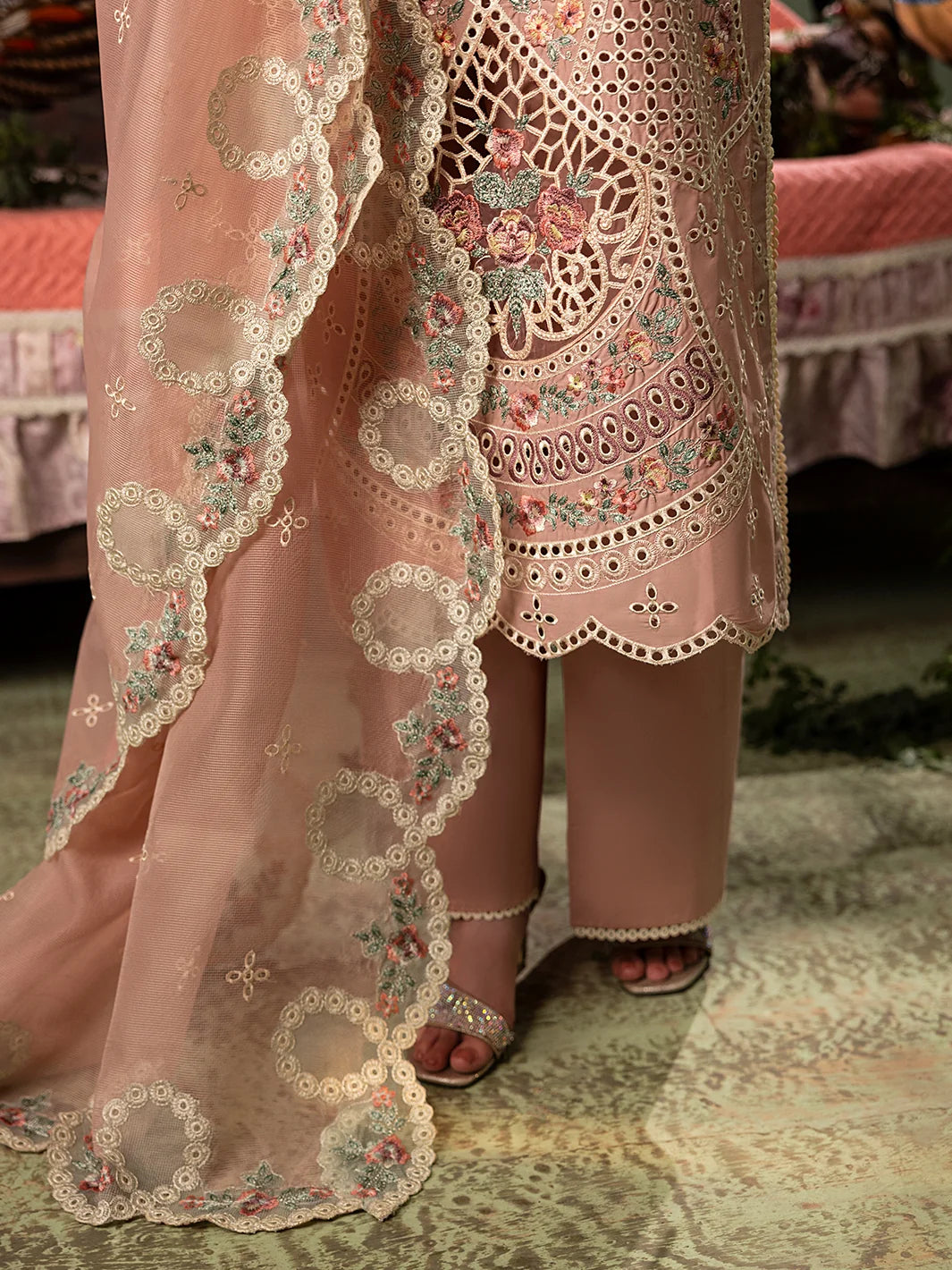 Dusty Peach: Embroidered Lawn Suit With Net Dupatta | Ready To Wear
