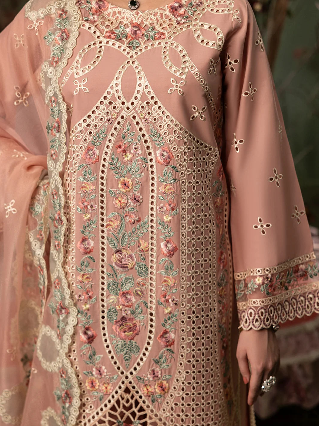 Dusty Peach: Embroidered Lawn Suit With Net Dupatta | Ready To Wear