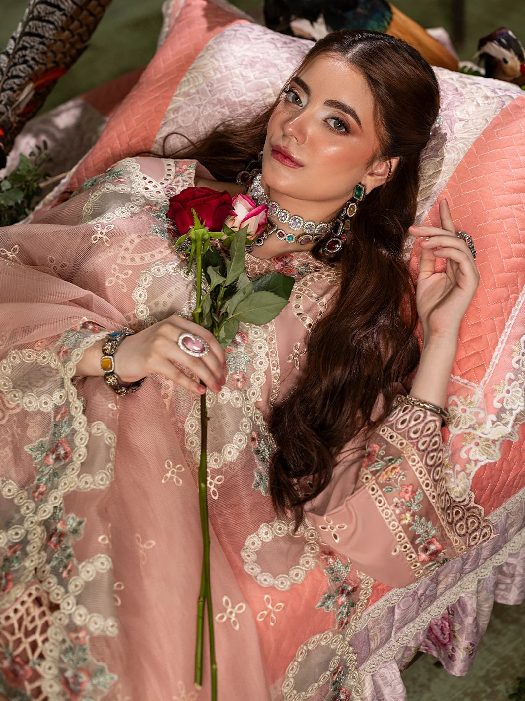 Dusty Peach: Embroidered Lawn Suit With Net Dupatta | Ready To Wear
